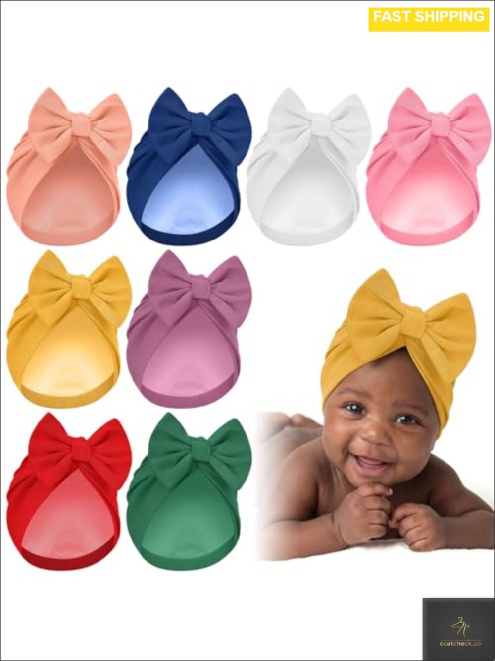 8 Pc Satin Lined Baby Bonnet Set 0-6 Months Cotton Turban Hats with Bow